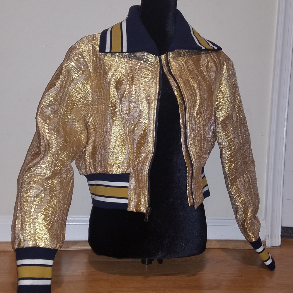 BCBG gold faux leather  jacket with blue and white